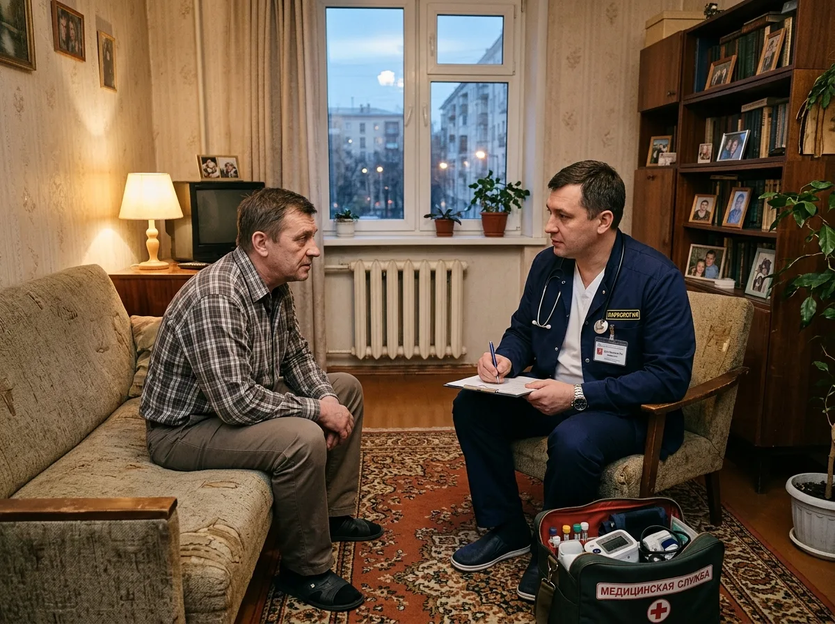 Врач-нарколог приехал на вызов домой к пациенту в Москве, профессиональный осмотр в жилой комнате, доверительная атмосфера, вечернее освещение